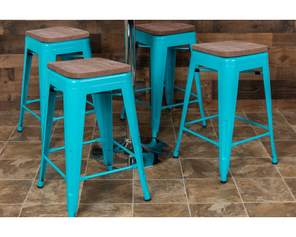 BLNK Cierra Metal Counter-Height Indoor Stackable Bar Stool with Wood Seat Set of 4