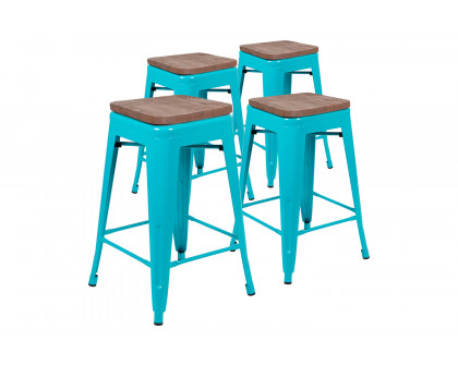 BLNK Cierra Metal Counter-Height Indoor Stackable Bar Stool with Wood Seat Set of 4 - Teal