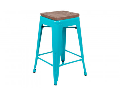 BLNK Cierra Metal Counter-Height Indoor Stackable Bar Stool with Wood Seat Set of 4 - Teal