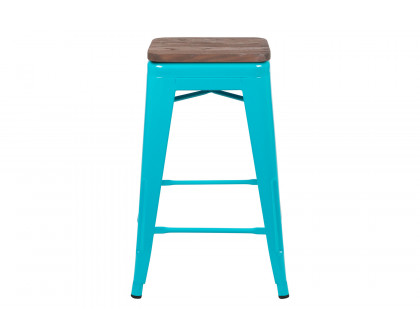 BLNK Cierra Metal Counter-Height Indoor Stackable Bar Stool with Wood Seat Set of 4 - Teal