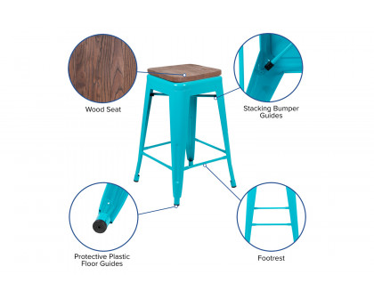 BLNK Cierra Metal Counter-Height Indoor Stackable Bar Stool with Wood Seat Set of 4 - Teal