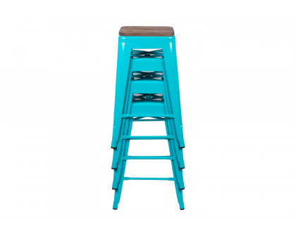 BLNK Cierra Metal Counter-Height Indoor Stackable Bar Stool with Wood Seat Set of 4 - Teal