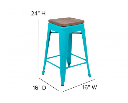 BLNK Cierra Metal Counter-Height Indoor Stackable Bar Stool with Wood Seat Set of 4 - Teal