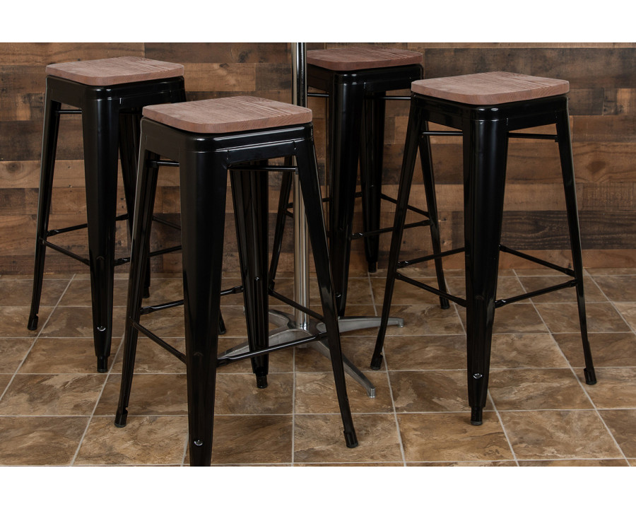 BLNK Cierra Metal Indoor Bar Stool with Wood Seat Set of 4 - Black