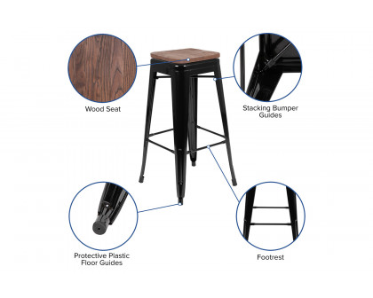 BLNK Cierra Metal Indoor Bar Stool with Wood Seat Set of 4 - Black