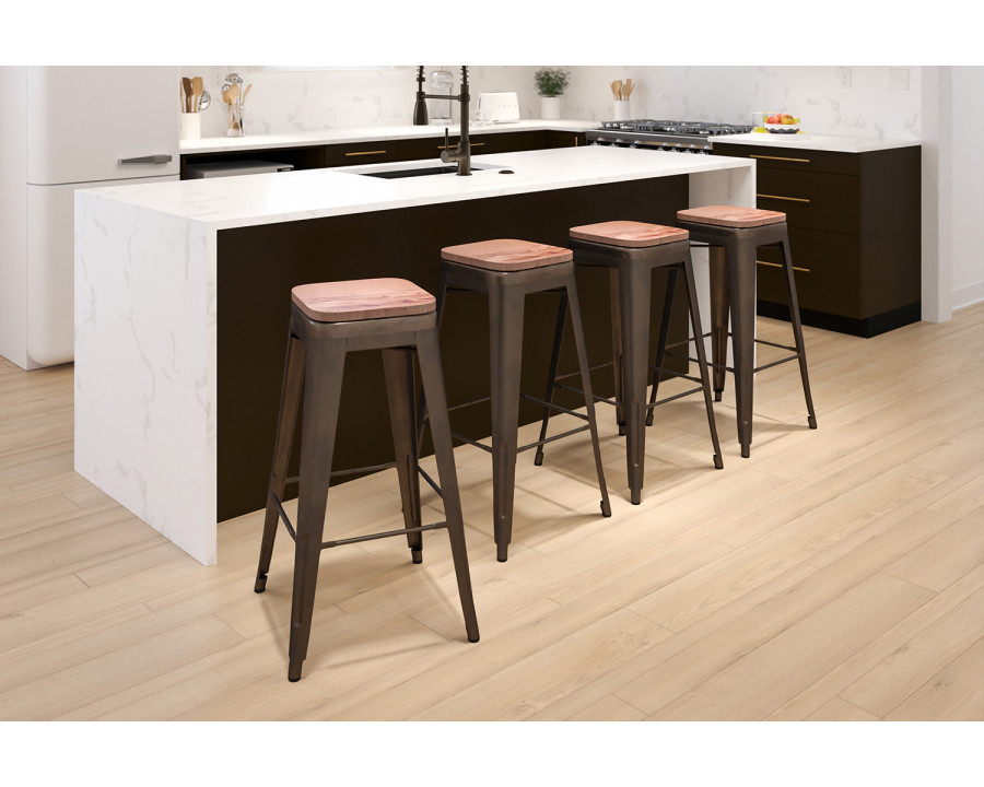 BLNK Cierra Metal Indoor Bar Stool with Wood Seat Set of 4 - Gun Metal Gray