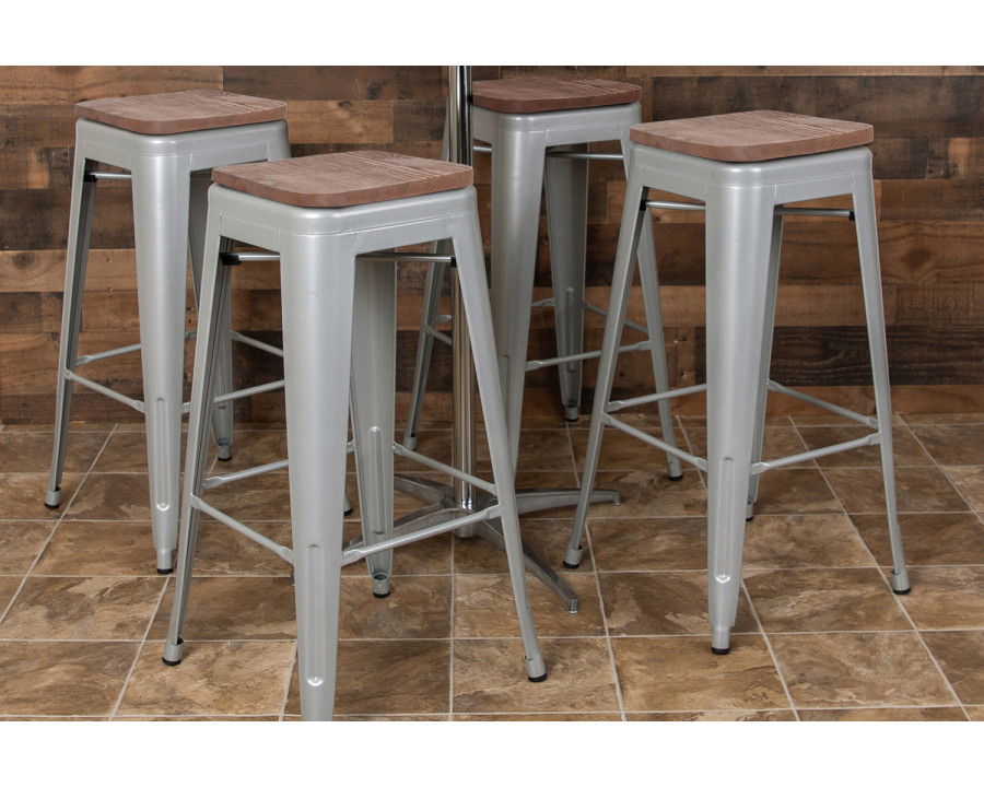 BLNK Cierra Metal Indoor Bar Stool with Wood Seat Set of 4 - Silver