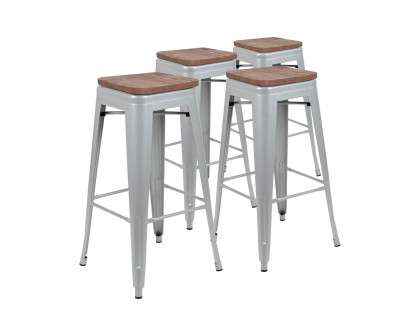 BLNK Cierra Metal Indoor Bar Stool with Wood Seat Set of 4 - Silver