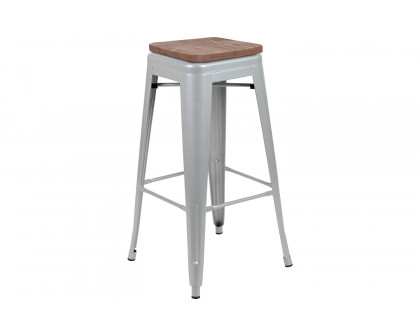 BLNK Cierra Metal Indoor Bar Stool with Wood Seat Set of 4 - Silver