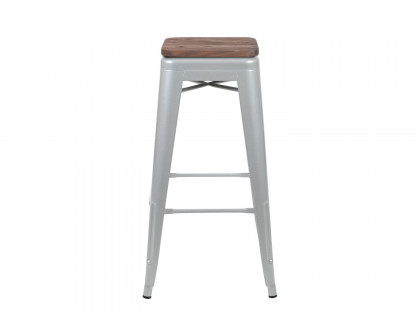 BLNK Cierra Metal Indoor Bar Stool with Wood Seat Set of 4 - Silver