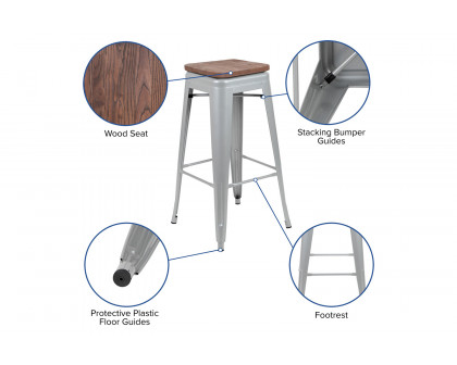 BLNK Cierra Metal Indoor Bar Stool with Wood Seat Set of 4 - Silver