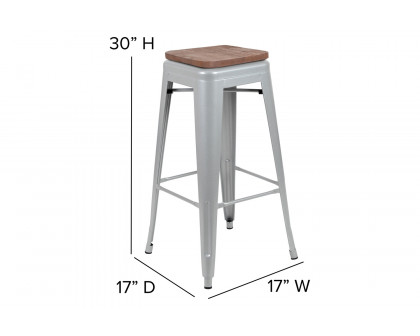 BLNK Cierra Metal Indoor Bar Stool with Wood Seat Set of 4 - Silver