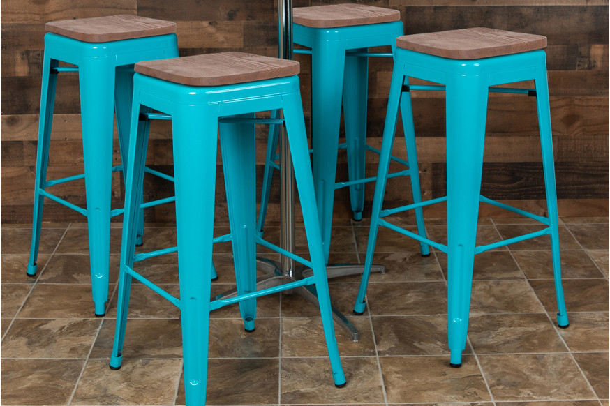 BLNK™ Cierra Metal Indoor Bar Stool with Wood Seat Set of 4 - Teal