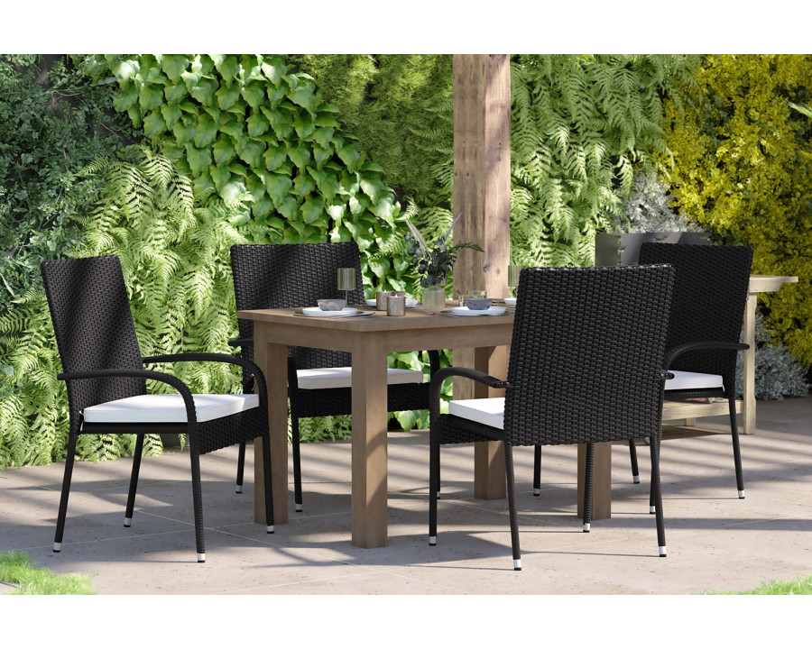 BLNK Maxim Stackable Indoor-Outdoor Wicker Dining Chairs with Cream Seat Cushions Set of 4 - Black