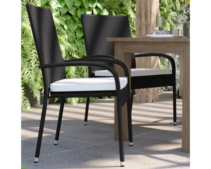 BLNK Maxim Stackable Indoor-Outdoor Wicker Dining Chairs with Cream Seat Cushions Set of 4 - Black