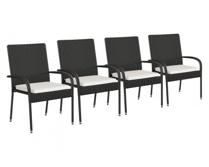 BLNK Maxim Stackable Indoor-Outdoor Wicker Dining Chairs with Cream Seat Cushions Set of 4 - Black