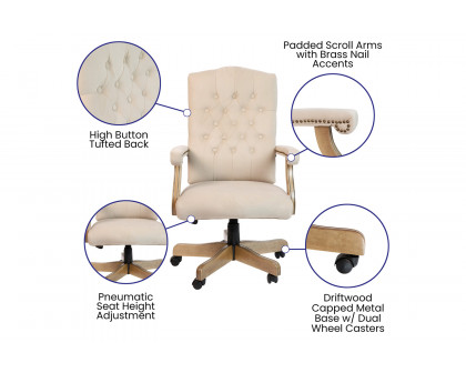 BLNK Derrick Classic Executive Swivel Office Chair with Driftwood Arms and Base - Ivory