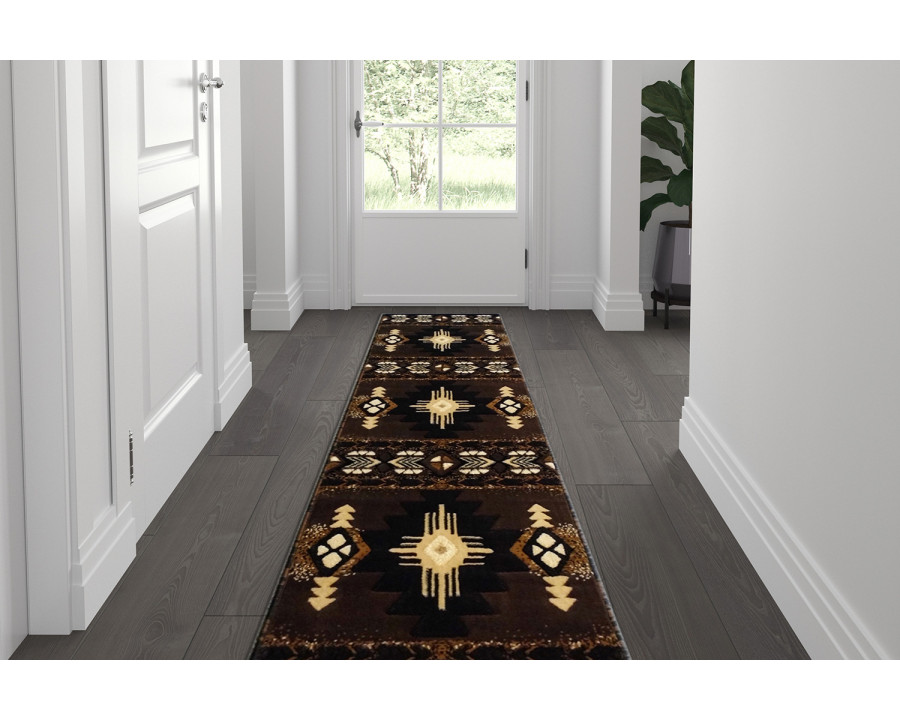 BLNK Mohave Collection Southwestern Style Olefin Traditional Area Rug with Jute Backing - Chocolate, 2'W x 7'L