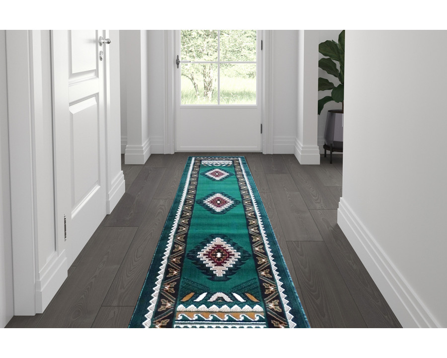 BLNK Ventana Collection Southwest Olefin Area Rug with Jute Backing - Hunter Green, 2'W x 7'L