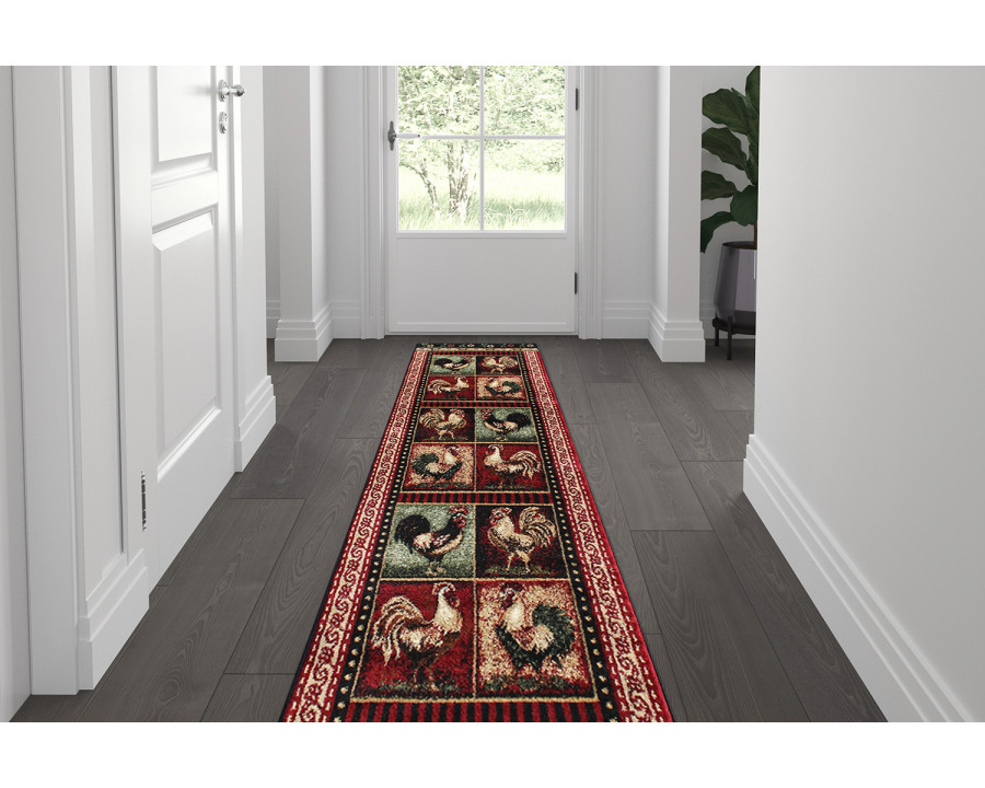 BLNK Gallus Collection Olefin Black Rooster Themed Area Rug with Jute Backing for Kitchen - 2'W x 7'L