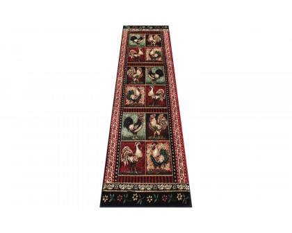 BLNK Gallus Collection Olefin Black Rooster Themed Area Rug with Jute Backing for Kitchen - 2'W x 7'L