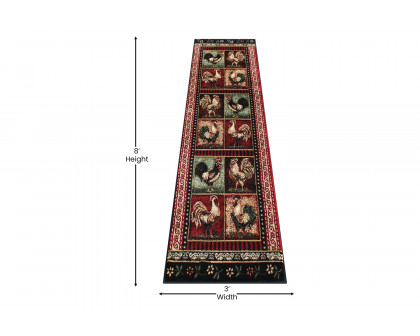 BLNK Gallus Collection Olefin Black Rooster Themed Area Rug with Jute Backing for Kitchen - 2'W x 7'L