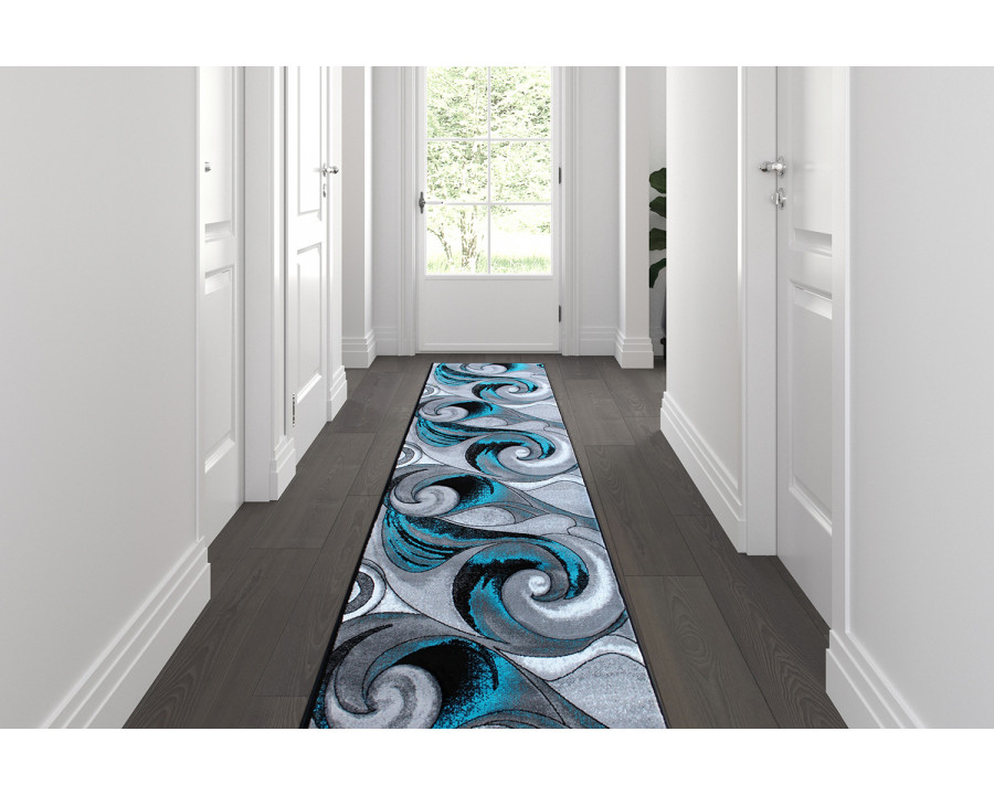 BLNK Tellus Collection Olefin Ocean Waves Pattern Area Rug with Jute Backing - Turquoise, 3'W x 10'L