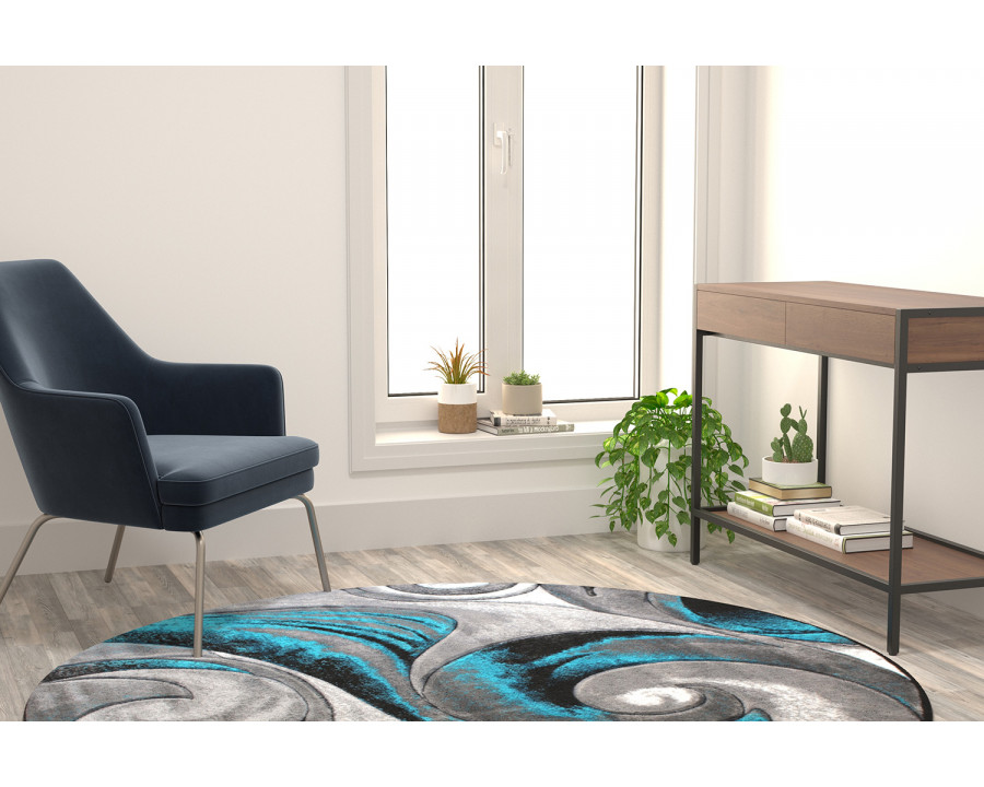 BLNK Tellus Collection Round Olefin Ocean Waves Pattern Area Rug with Jute Backing - Turquoise, 6'W x 6'L