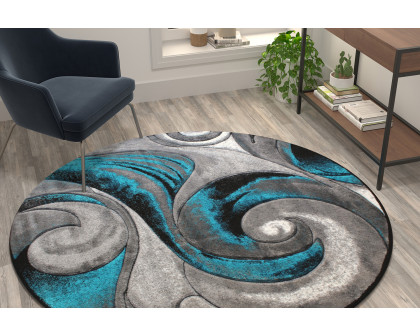 BLNK Tellus Collection Round Olefin Ocean Waves Pattern Area Rug with Jute Backing - Turquoise, 6'W x 6'L