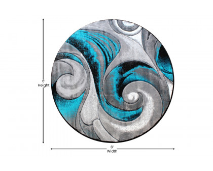 BLNK Tellus Collection Round Olefin Ocean Waves Pattern Area Rug with Jute Backing - Turquoise, 6'W x 6'L