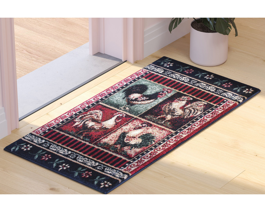 BLNK - Gallus Collection Olefin Black Rooster Themed Area Rug with Jute Backing for Kitchen