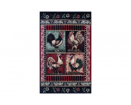 BLNK Gallus Collection Olefin Black Rooster Themed Area Rug with Jute Backing for Kitchen - 2'W x 3'L