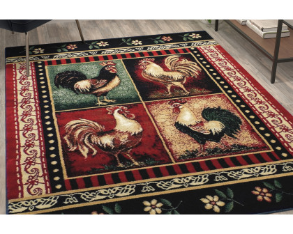 BLNK Gallus Collection Olefin Rooster Themed Area Rug with Jute Backing for Kitchen - Red, 5'W x 7'L