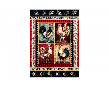 BLNK Gallus Collection Olefin Rooster Themed Area Rug with Jute Backing for Kitchen - Red, 5'W x 7'L