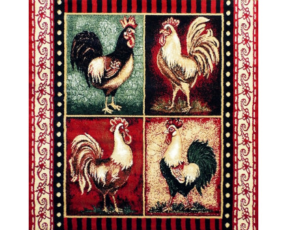 BLNK Gallus Collection Olefin Rooster Themed Area Rug with Jute Backing for Kitchen - Red, 5'W x 7'L