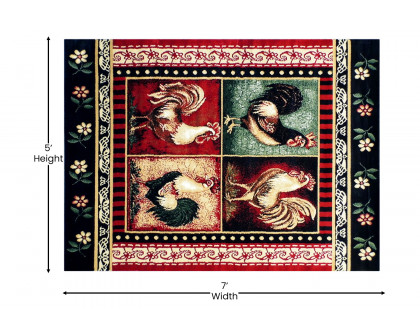 BLNK Gallus Collection Olefin Rooster Themed Area Rug with Jute Backing for Kitchen - Red, 5'W x 7'L