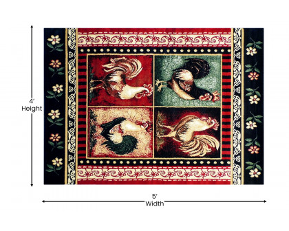 BLNK Gallus Collection Olefin Rooster Themed Area Rug with Jute Backing for Kitchen - Red, 4'W x 5'L