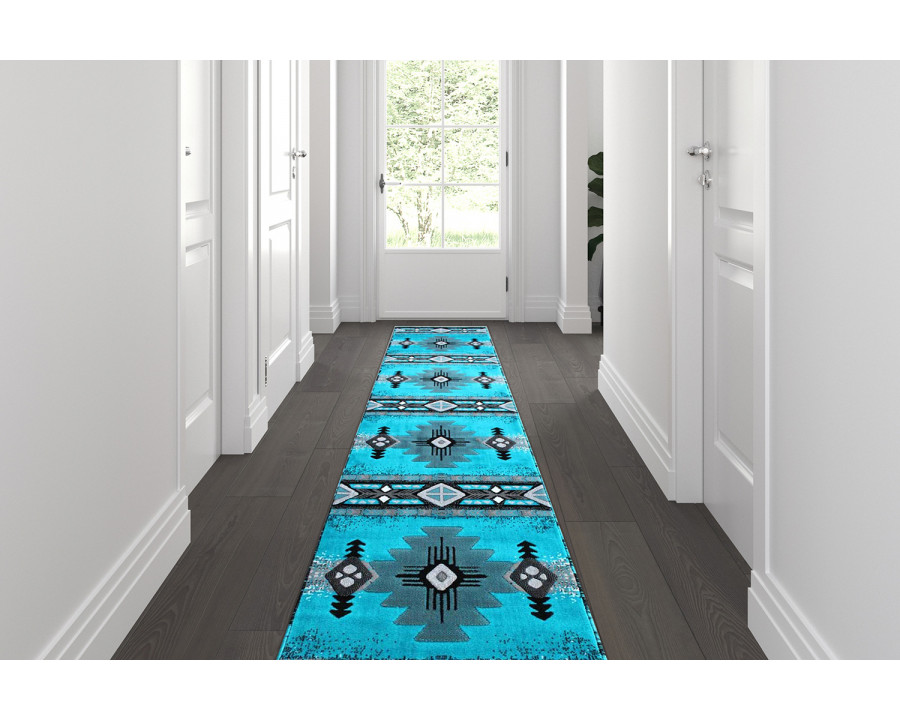 BLNK Mohave Collection Southwestern Style Olefin Traditional Area Rug with Jute Backing - Turquoise, 2'W x 11'L