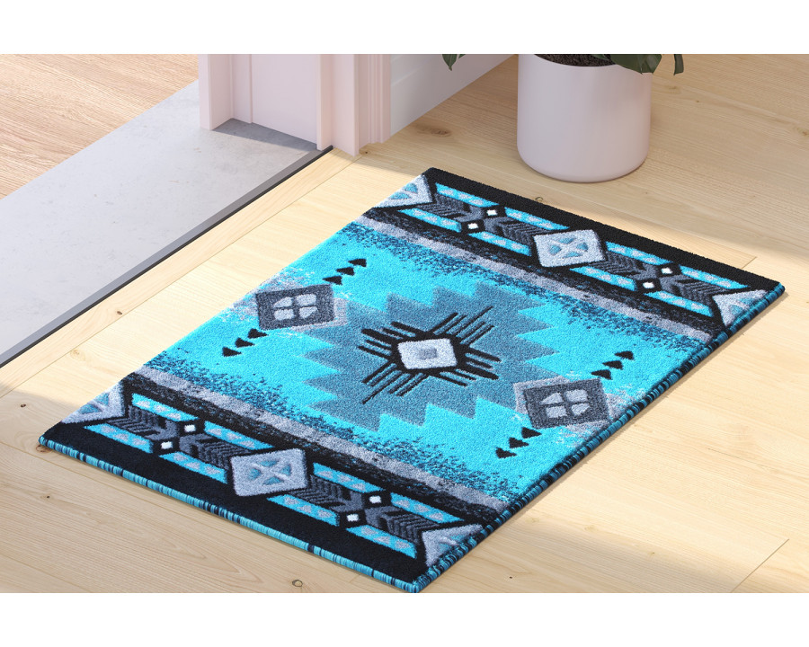 BLNK Mohave Collection Southwestern Style Olefin Traditional Area Rug with Jute Backing - Turquoise, 2'W x 3'L