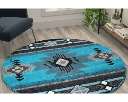 BLNK Mohave Collection Southwestern Style Olefin Traditional Area Rug with Jute Backing - Turquoise, 5'W x 5'L