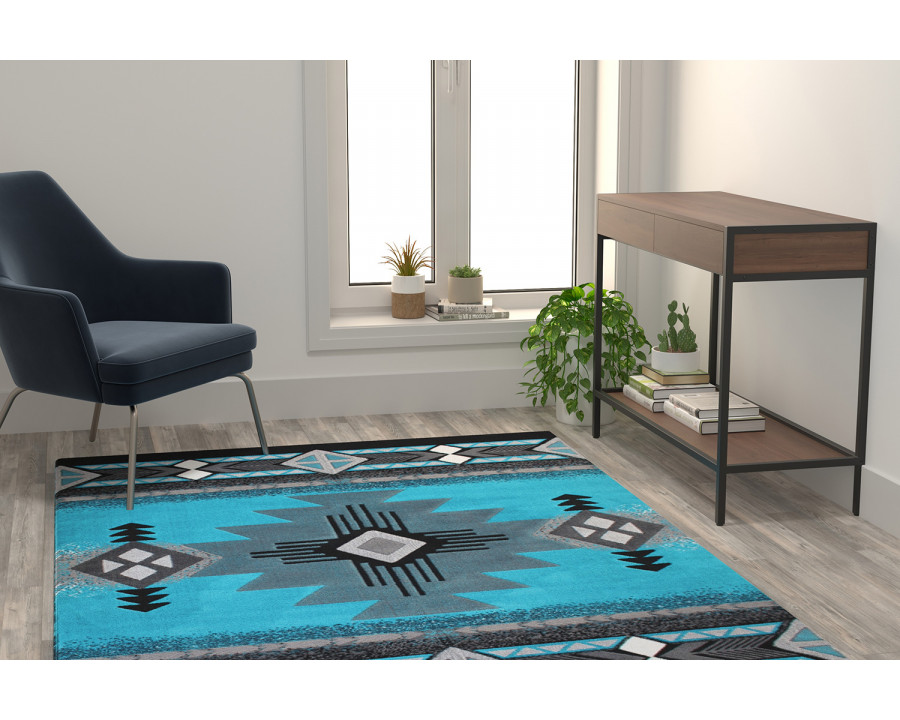 BLNK Mohave Collection Southwestern Style Olefin Traditional Area Rug with Jute Backing - Turquoise, 5'W x 7'L