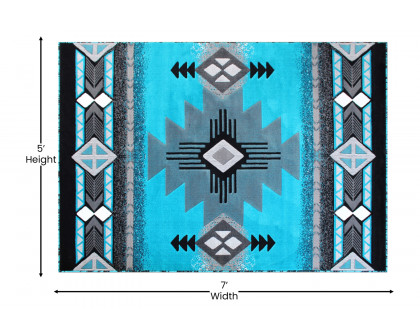 BLNK Mohave Collection Southwestern Style Olefin Traditional Area Rug with Jute Backing - Turquoise, 5'W x 7'L