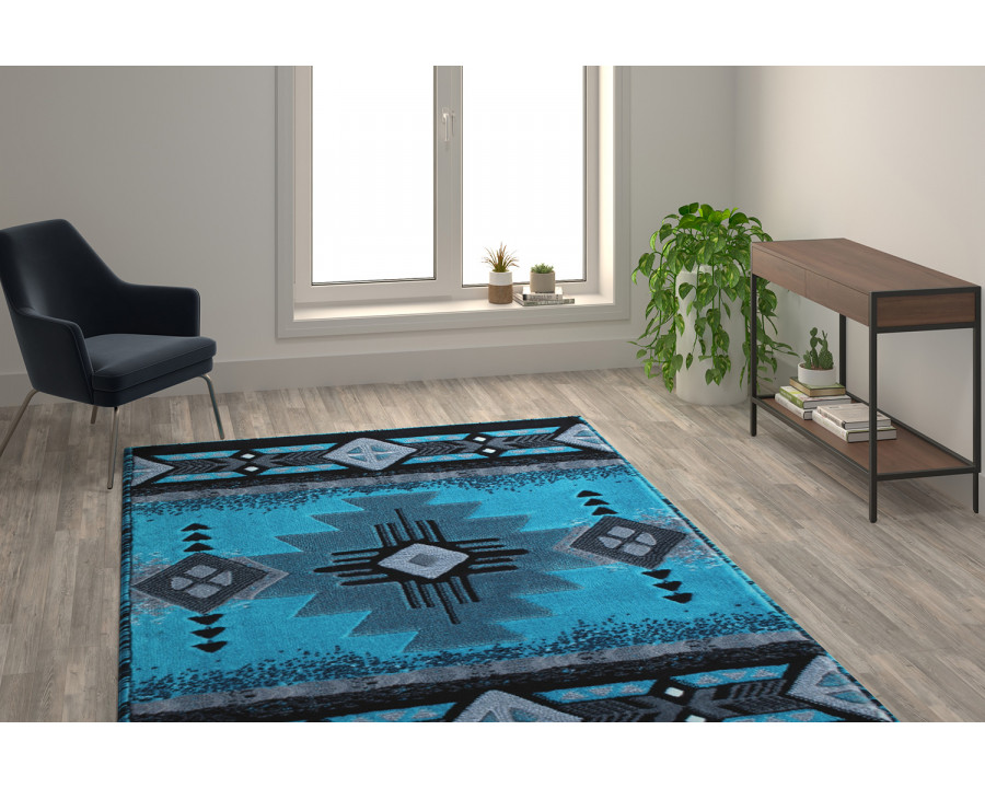 BLNK Mohave Collection Southwestern Style Olefin Traditional Area Rug with Jute Backing - Turquoise, 6'W x 9'L