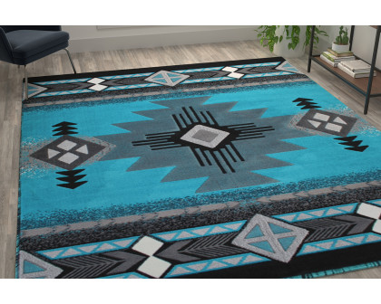 BLNK Mohave Collection Southwestern Style Olefin Traditional Area Rug with Jute Backing - Turquoise, 8'W x 10'L