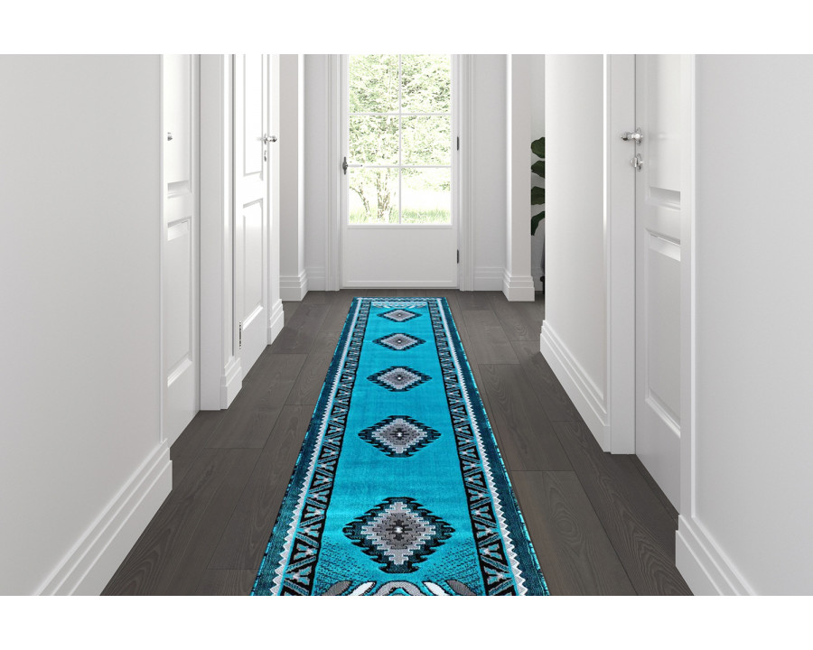 BLNK Ventana Collection Southwest Olefin Area Rug with Jute Backing - Turquoise, 2'W x 10'L