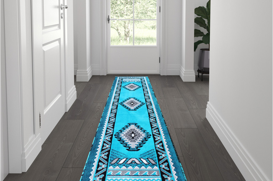 BLNK™ Ventana Collection Southwest Olefin Area Rug with Jute Backing - Turquoise, 2'W x 7'L