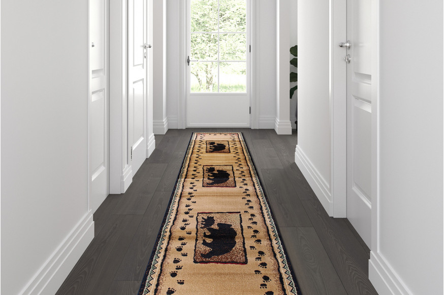 BLNK™ - Matra Collection Rustic Style Black Bear and Cub Area Rug with Jute Backing