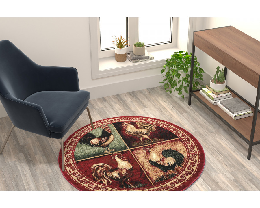 BLNK - Gallus Collection Round Olefin Rooster Themed Area Rug with Jute Backing for Kitchen