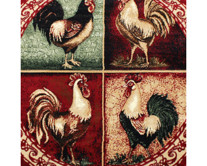 BLNK Gallus Collection Round Olefin Rooster Themed Area Rug with Jute Backing for Kitchen - Red, 4'W x 4'L