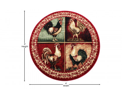 BLNK Gallus Collection Round Olefin Rooster Themed Area Rug with Jute Backing for Kitchen - Red, 4'W x 4'L